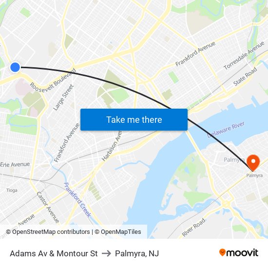 Adams Av & Montour St to Palmyra, NJ map