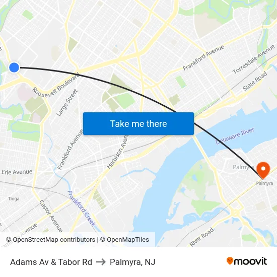 Adams Av & Tabor Rd to Palmyra, NJ map