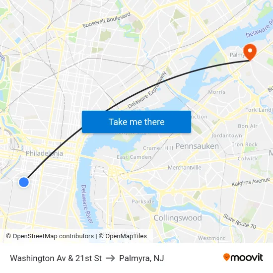 Washington Av & 21st St to Palmyra, NJ map