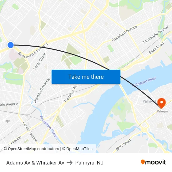 Adams Av & Whitaker Av to Palmyra, NJ map