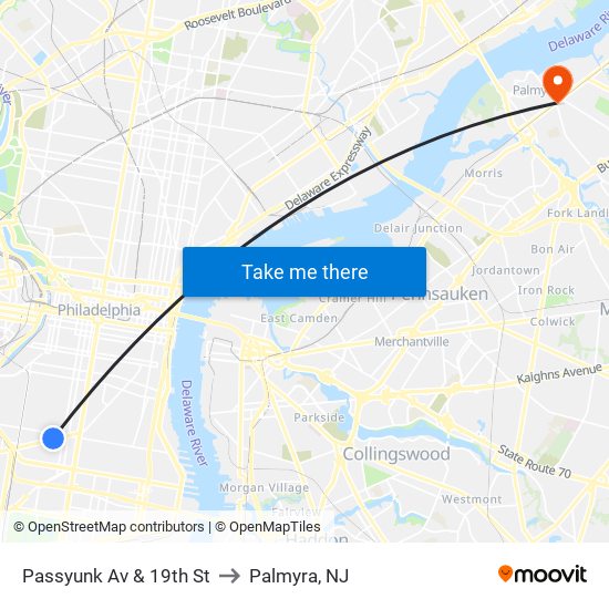Passyunk Av & 19th St to Palmyra, NJ map
