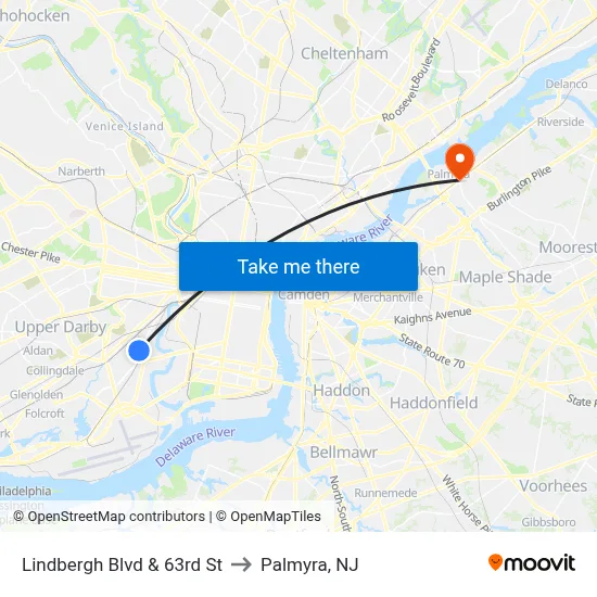 Lindbergh Blvd & 63rd St to Palmyra, NJ map