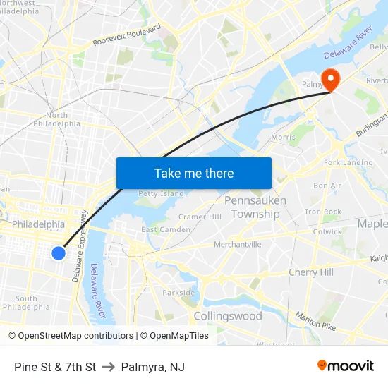 Pine St & 7th St to Palmyra, NJ map