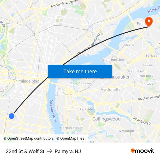 22nd St & Wolf St to Palmyra, NJ map