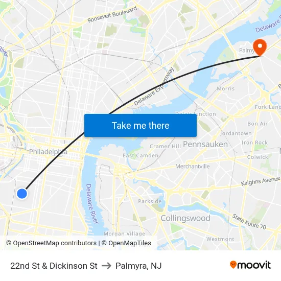 22nd St & Dickinson St to Palmyra, NJ map