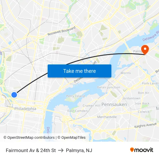 Fairmount Av & 24th St to Palmyra, NJ map