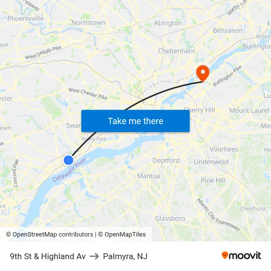 9th St & Highland Av to Palmyra, NJ map