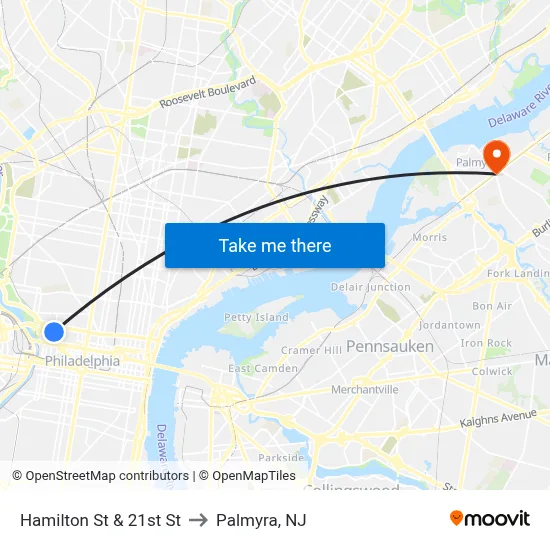 Hamilton St & 21st St to Palmyra, NJ map