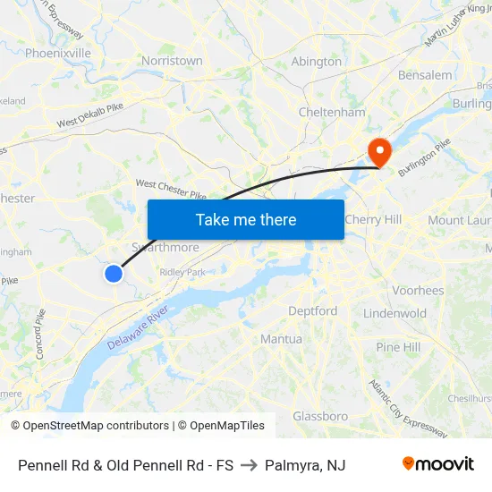 Pennell Rd & Old Pennell Rd - FS to Palmyra, NJ map