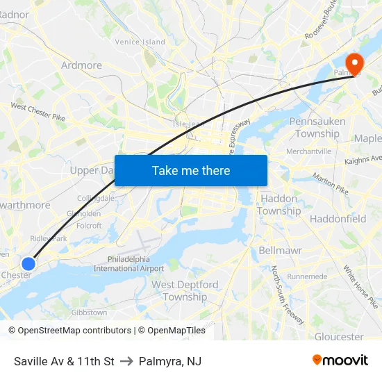 Saville Av & 11th St to Palmyra, NJ map