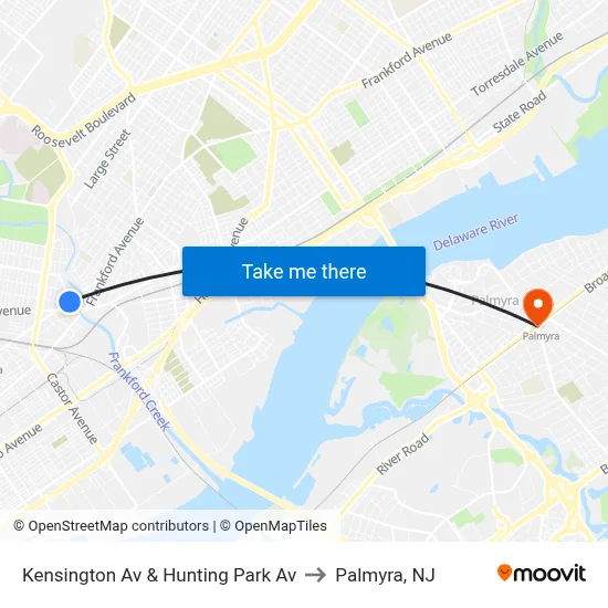 Kensington Av & Hunting Park Av to Palmyra, NJ map