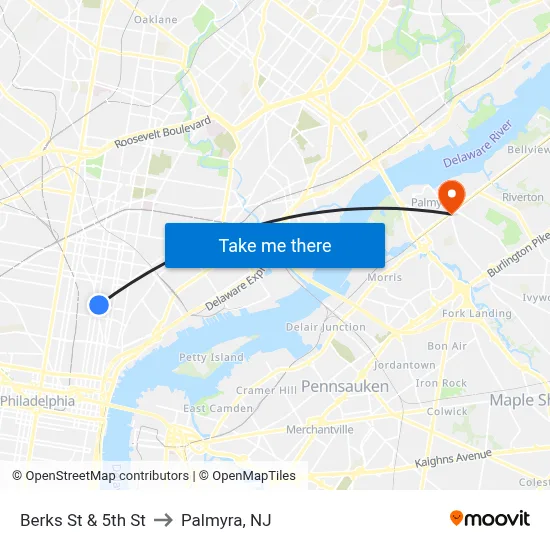 Berks St & 5th St to Palmyra, NJ map