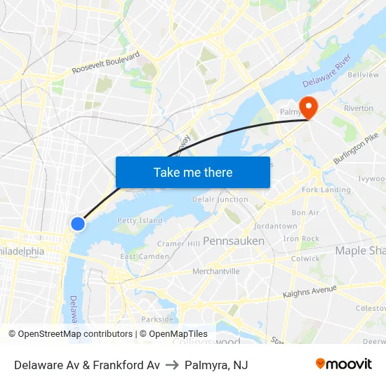 Delaware Av & Frankford Av to Palmyra, NJ map