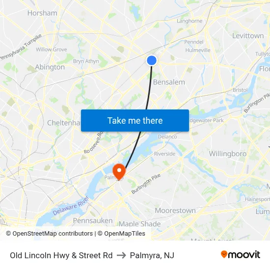 Old Lincoln Hwy & Street Rd to Palmyra, NJ map