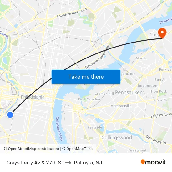Grays Ferry Av & 27th St to Palmyra, NJ map