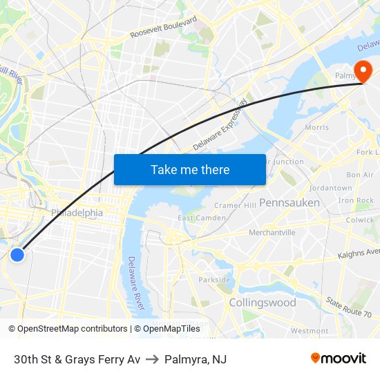 30th St & Grays Ferry Av to Palmyra, NJ map