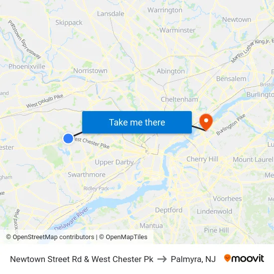Newtown Street Rd & West Chester Pk to Palmyra, NJ map