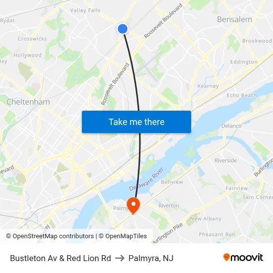 Bustleton Av & Red Lion Rd to Palmyra, NJ map