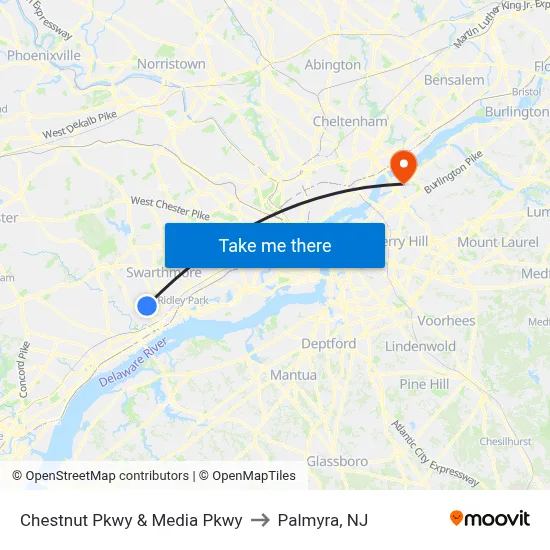 Chestnut Pkwy & Media Pkwy to Palmyra, NJ map