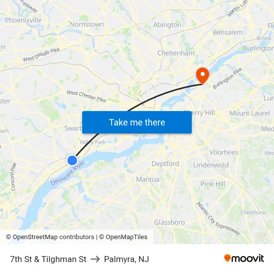 7th St & Tilghman St to Palmyra, NJ map