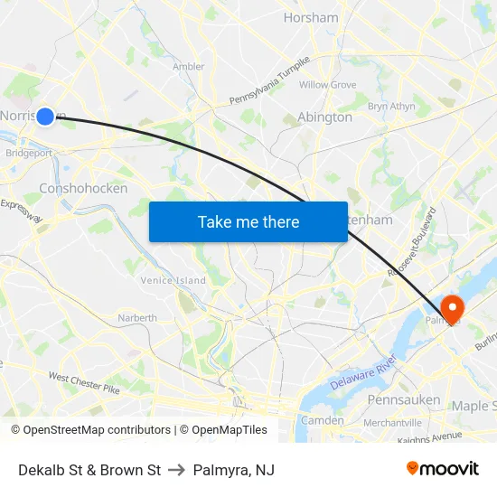 Dekalb St & Brown St to Palmyra, NJ map