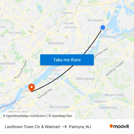 Levittown Town Ctr & Walmart to Palmyra, NJ map