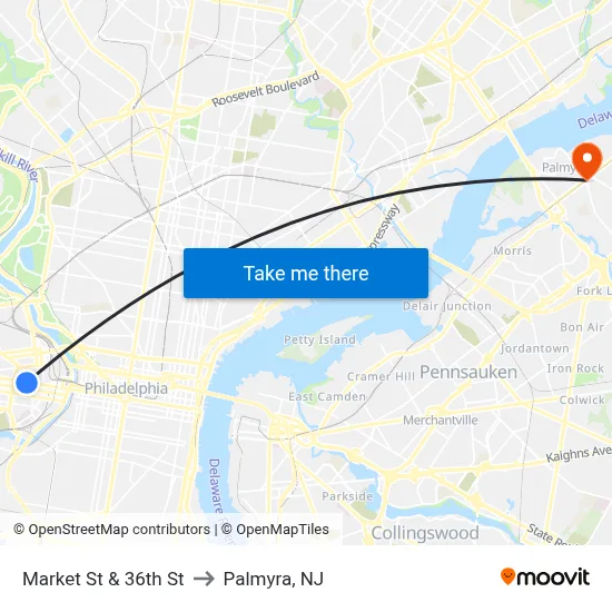 Market St & 36th St to Palmyra, NJ map