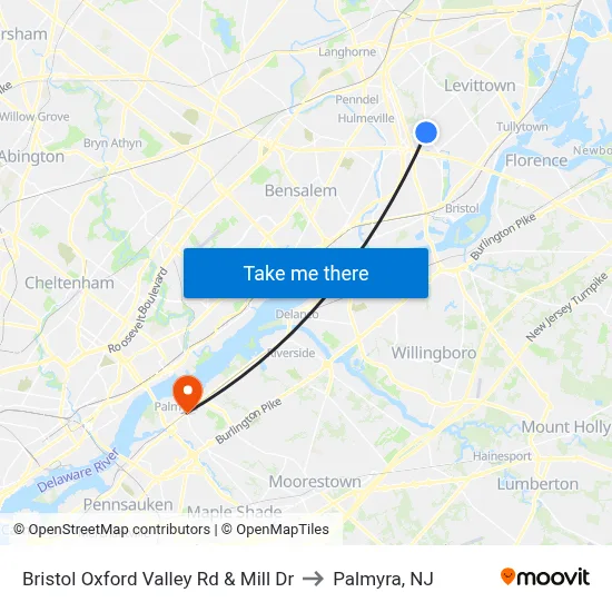 Bristol Oxford Valley Rd & Mill Dr to Palmyra, NJ map