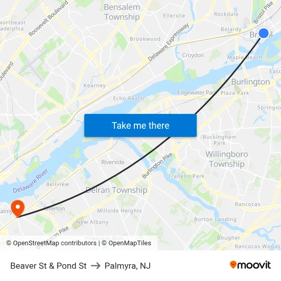 Beaver St & Pond St to Palmyra, NJ map