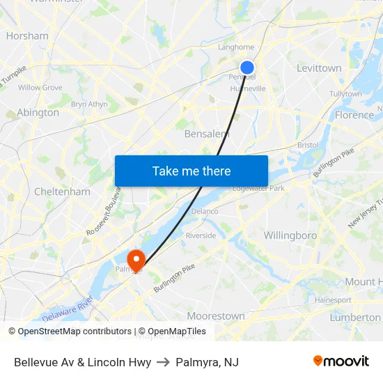 Bellevue Av & Lincoln Hwy to Palmyra, NJ map