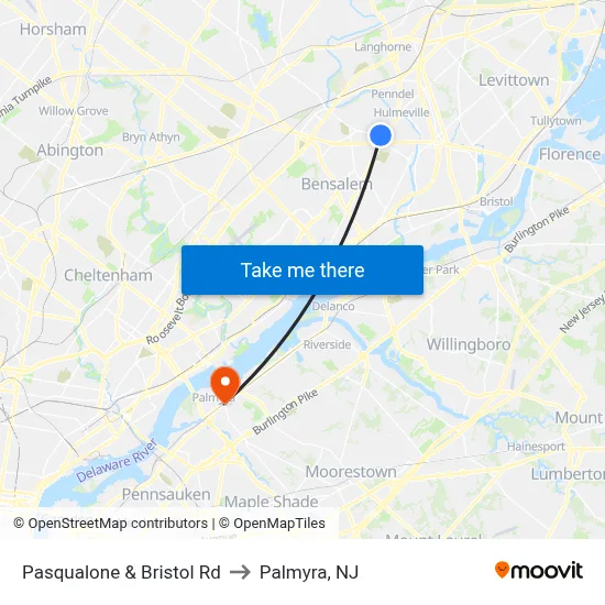 Pasqualone & Bristol Rd to Palmyra, NJ map