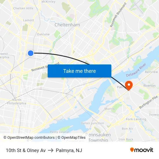 10th St & Olney Av to Palmyra, NJ map