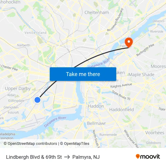 Lindbergh Blvd & 69th St to Palmyra, NJ map