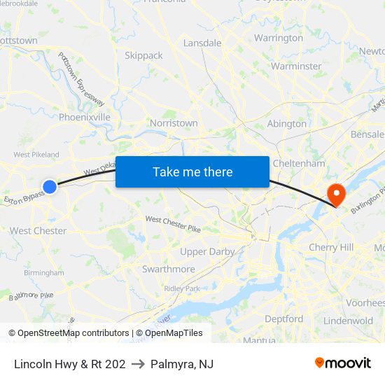 Lincoln Hwy & Rt 202 to Palmyra, NJ map