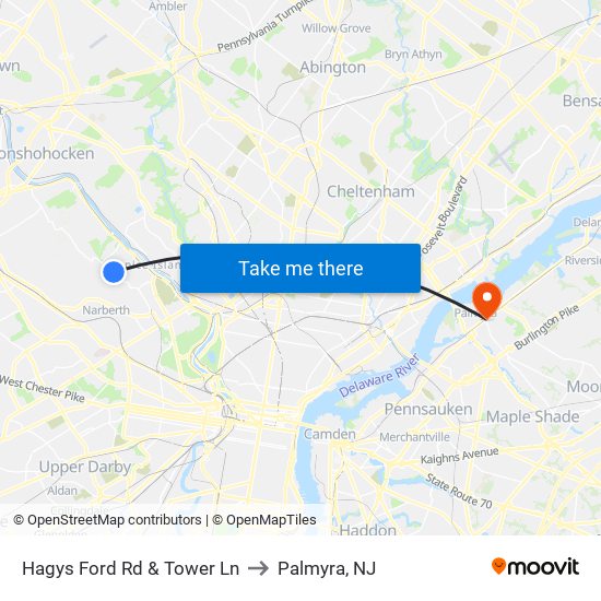 Hagys Ford Rd & Tower Ln to Palmyra, NJ map