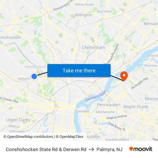 Conshohocken State Rd & Derwen Rd to Palmyra, NJ map