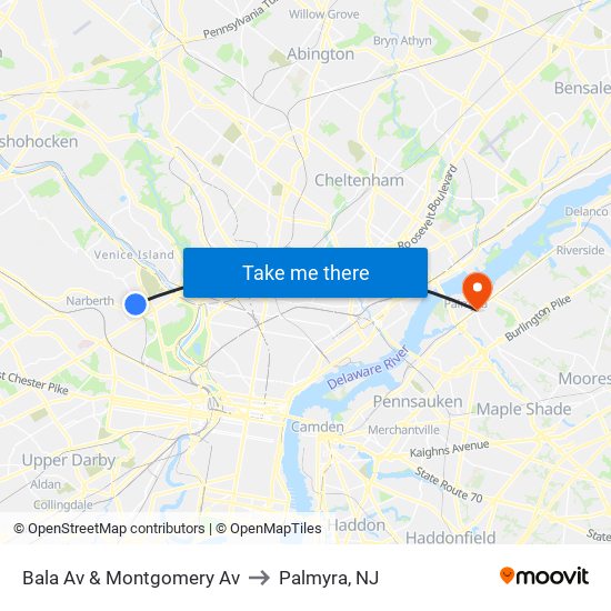 Bala Av & Montgomery Av to Palmyra, NJ map