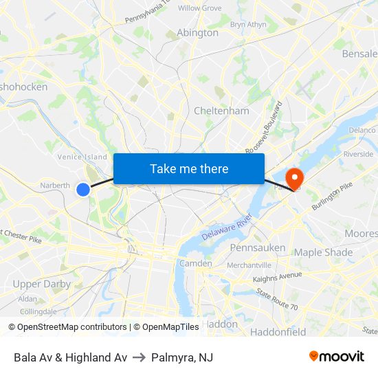 Bala Av & Highland Av to Palmyra, NJ map