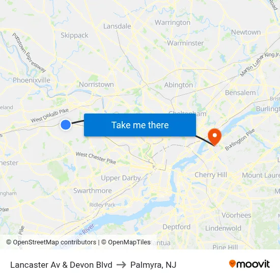 Lancaster Av & Devon Blvd to Palmyra, NJ map