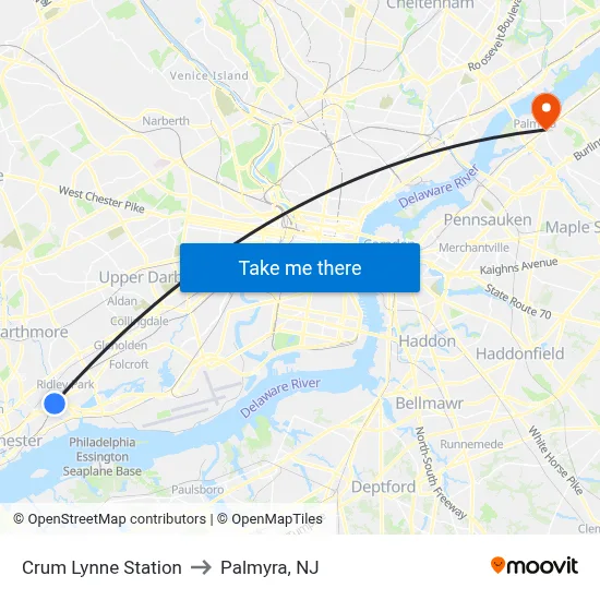 Crum Lynne Station to Palmyra, NJ map
