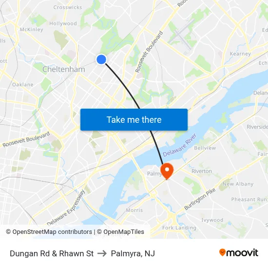Dungan Rd & Rhawn St to Palmyra, NJ map