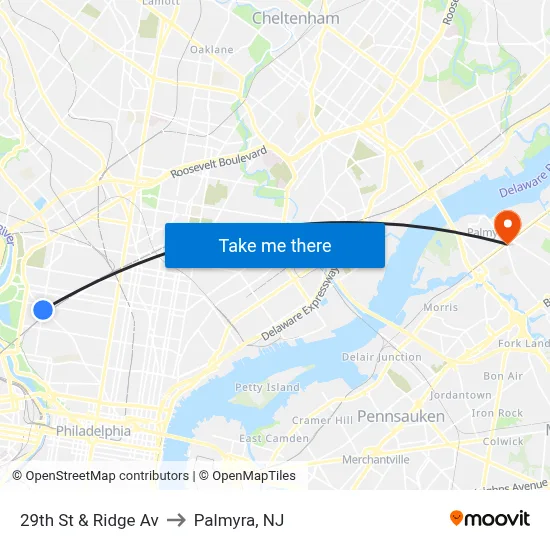 29th St & Ridge Av to Palmyra, NJ map