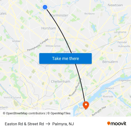 Easton Rd & Street Rd to Palmyra, NJ map