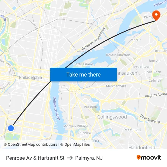 Penrose Av & Hartranft St to Palmyra, NJ map