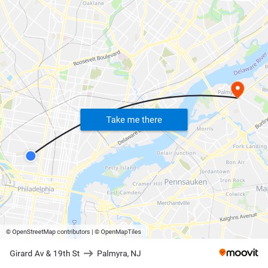 Girard Av & 19th St to Palmyra, NJ map