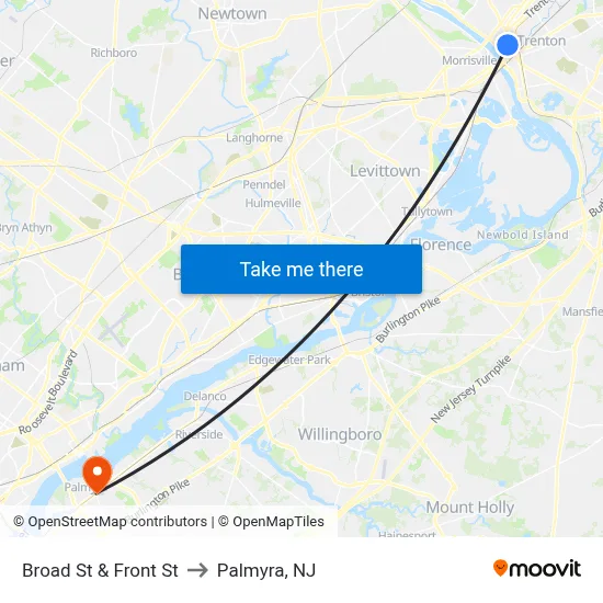 Broad St & Front St to Palmyra, NJ map