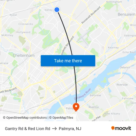 Gantry Rd & Red Lion Rd to Palmyra, NJ map