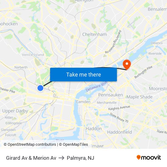 Girard Av & Merion Av to Palmyra, NJ map