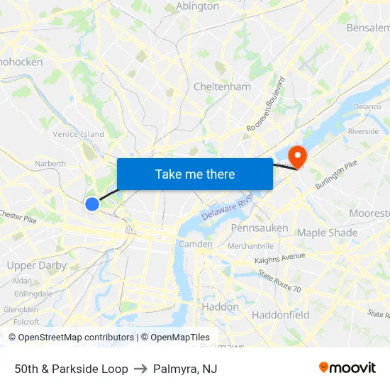 50th & Parkside Loop to Palmyra, NJ map
