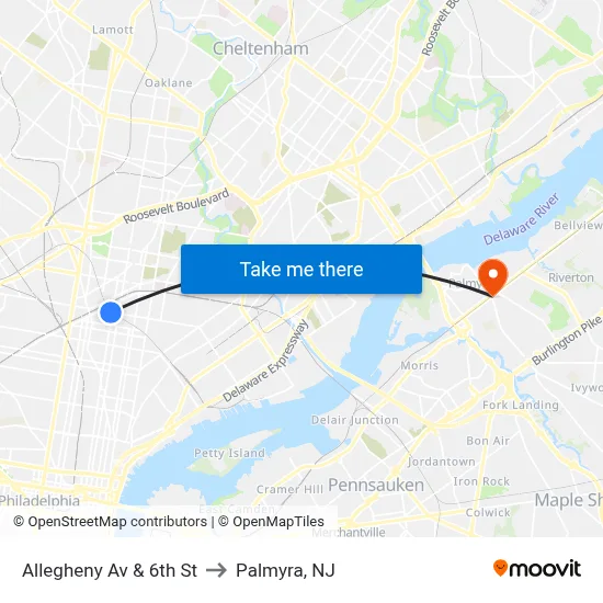 Allegheny Av & 6th St to Palmyra, NJ map